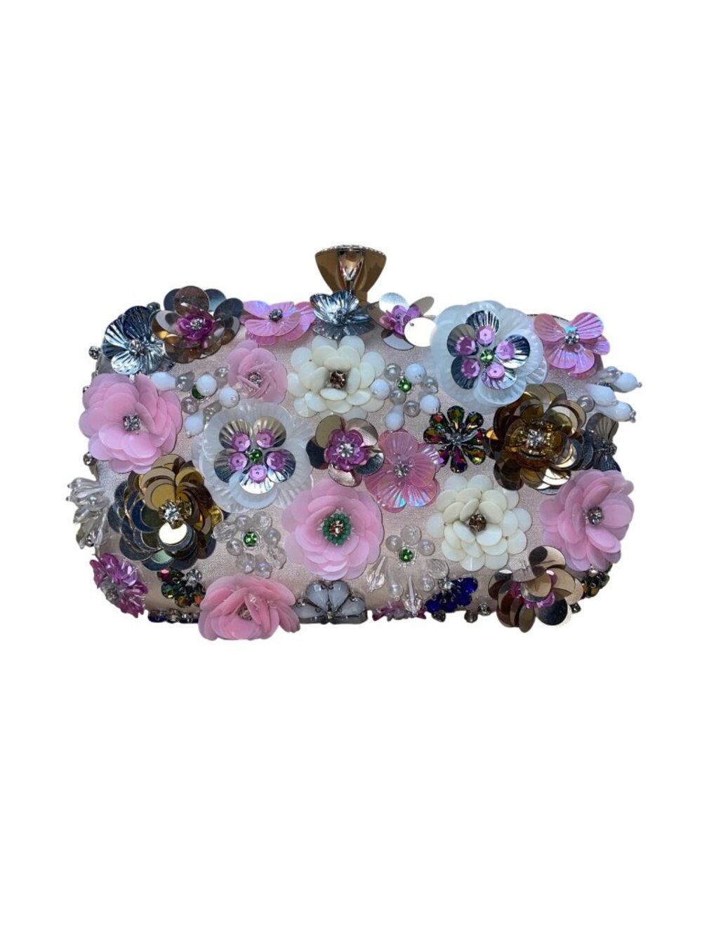 Women’s Pink Floral Embellishment With Chain Strap & Handle Clutch Purse